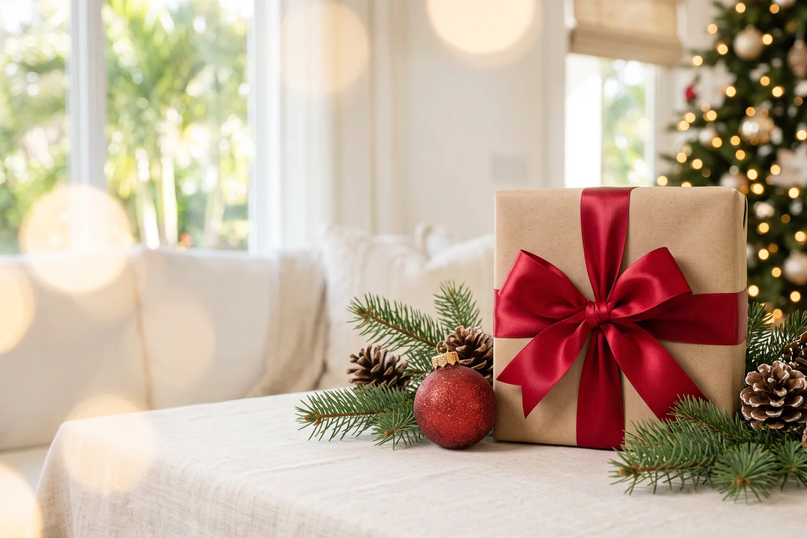 Kraft paper gift with a red satin bow, pine sprigs, pinecones and a red ornament on a linen table by a window