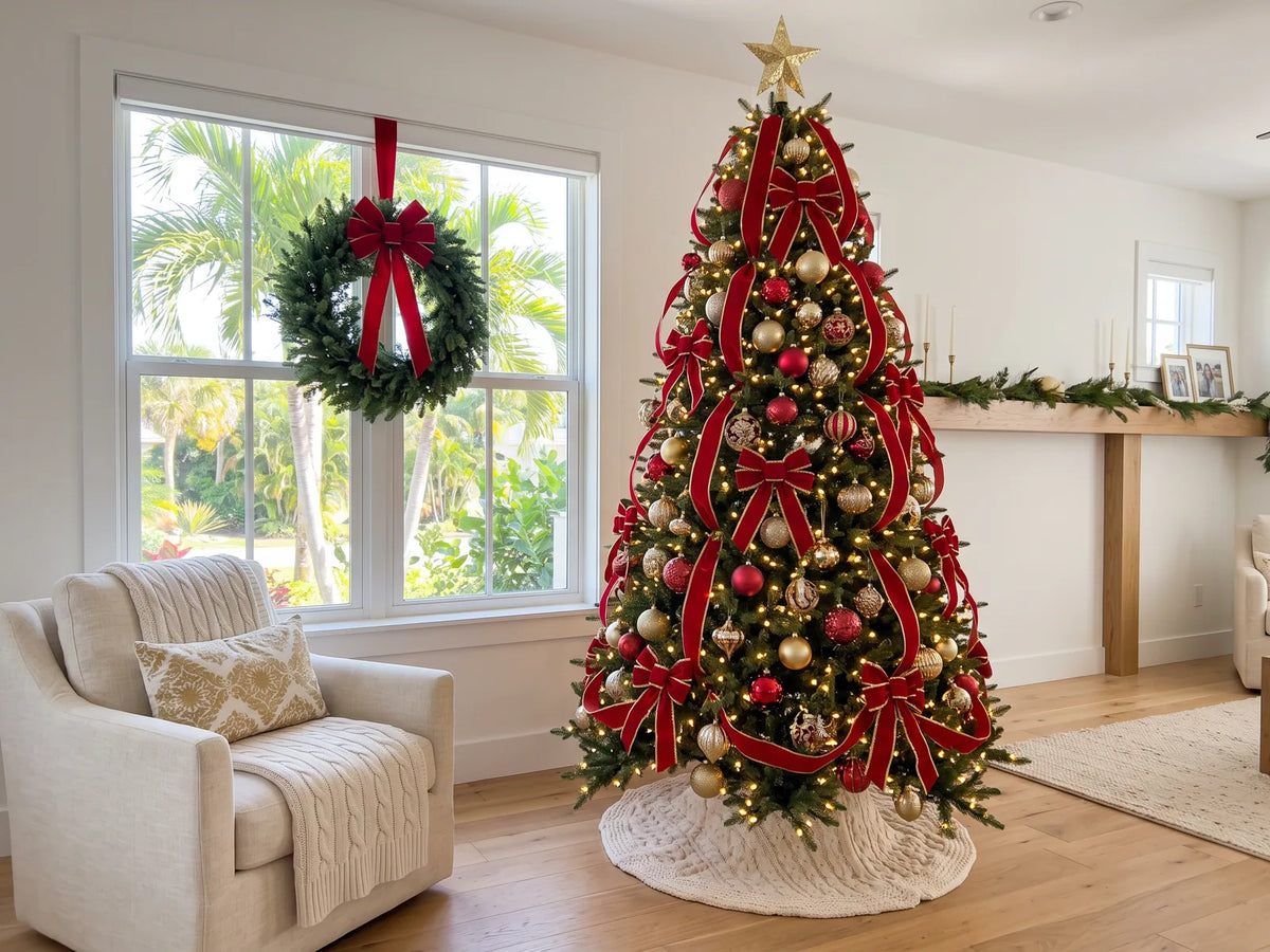 Decorated Christmas tree with red bows and gold ornaments beside a window with a wreath and palm trees outside