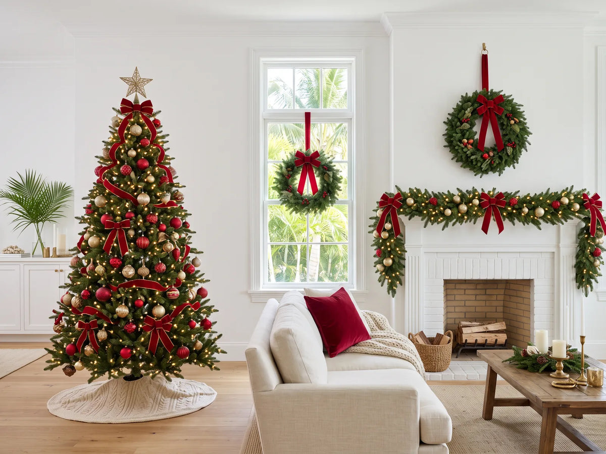 Bright white living room with a red and gold Christmas tree, lit mantel garland, wreaths and palms outside the window