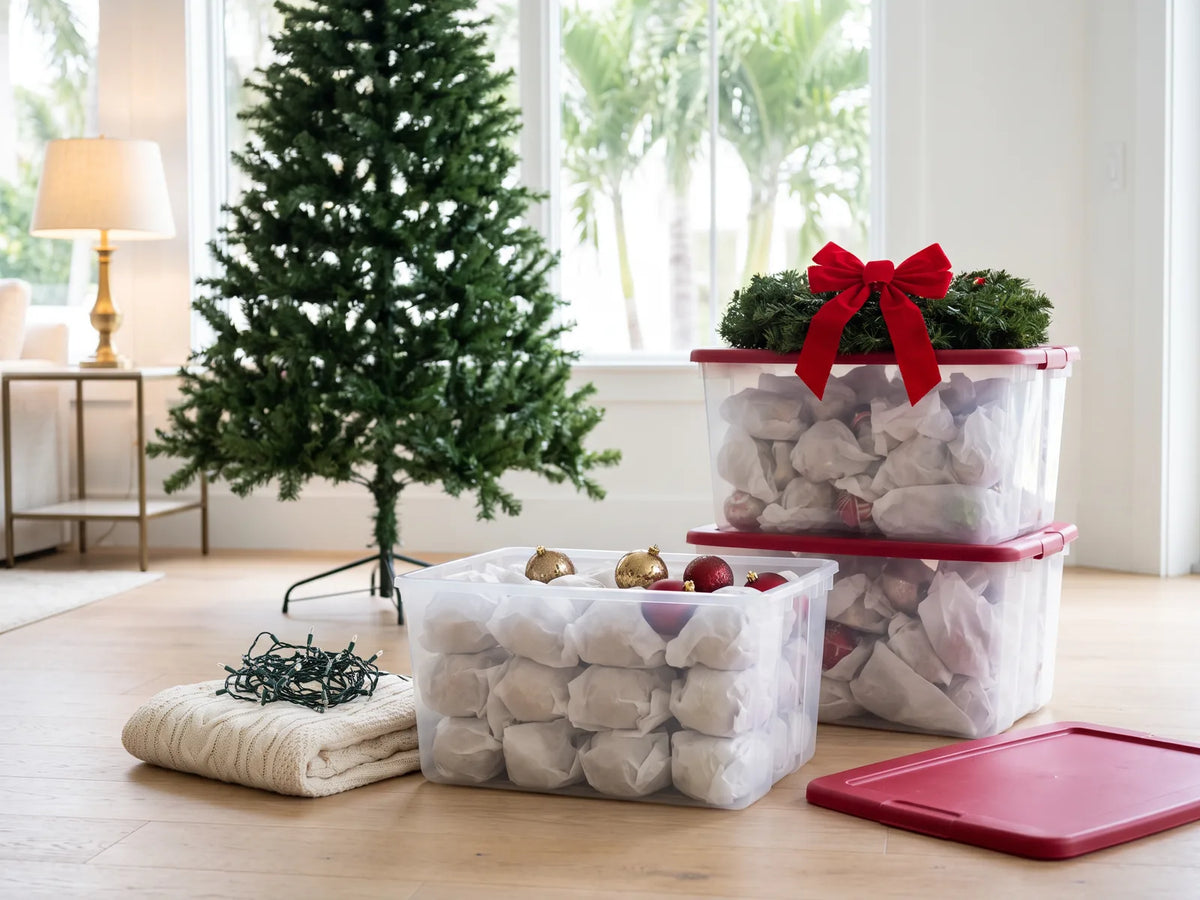 Clear storage bins with red lids holding tissue wrapped ornaments, a wreath, coiled lights and a bare tree