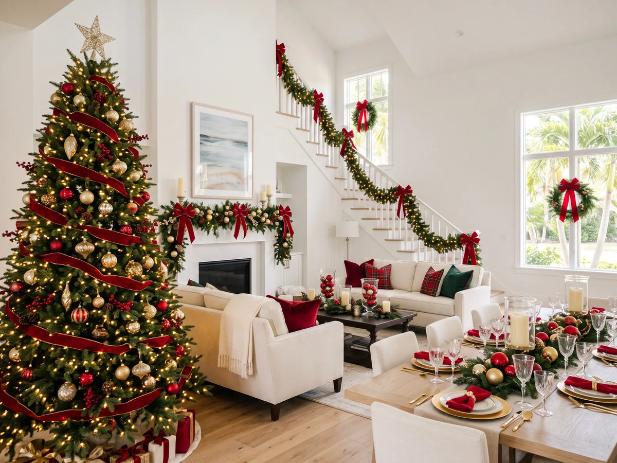 Bright open living room with a tall decorated tree, garlanded mantel and staircase, wreaths and a set holiday table